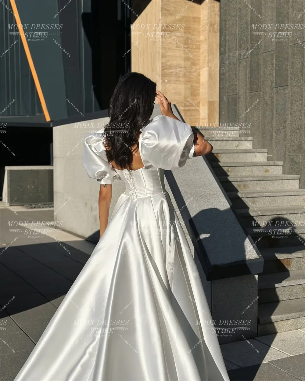 MODX 2026 فستان زفاف بياقة مربعة من الساتان على شكل حرف a وأكمام منتفخة فستان زفاف طول الأرض Vestidos Novias Boda مخصص للنساء #3