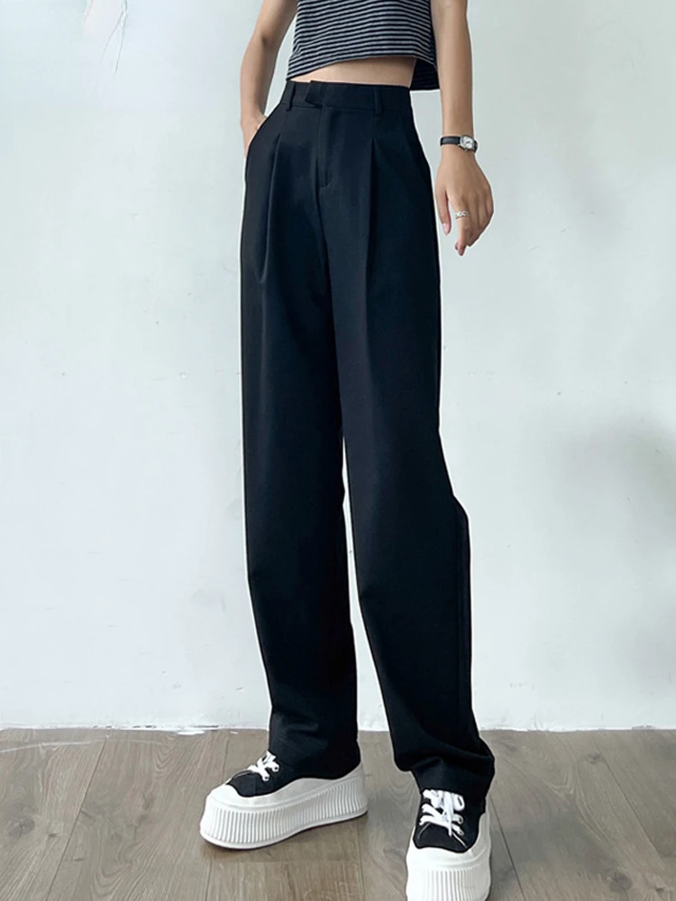 Casual Loose Pockets Straight Female Trousers Casual High Waist Women Long Pants