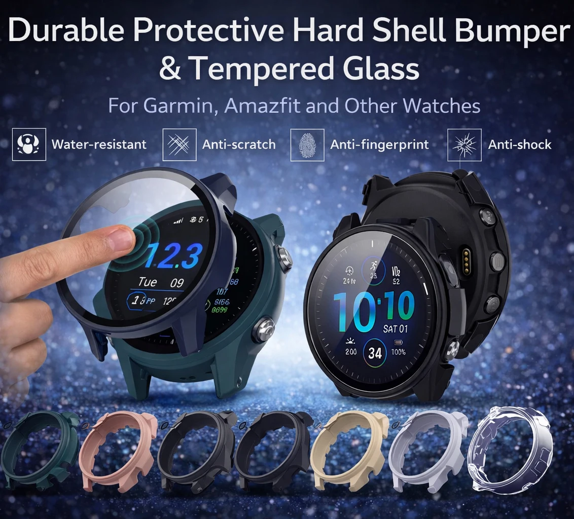 Tempered Glass Case for Garmin Forerunner 165 965 955 255 Screen Protector & Protective Bumper Cover for Garmin 265 265S 255S
