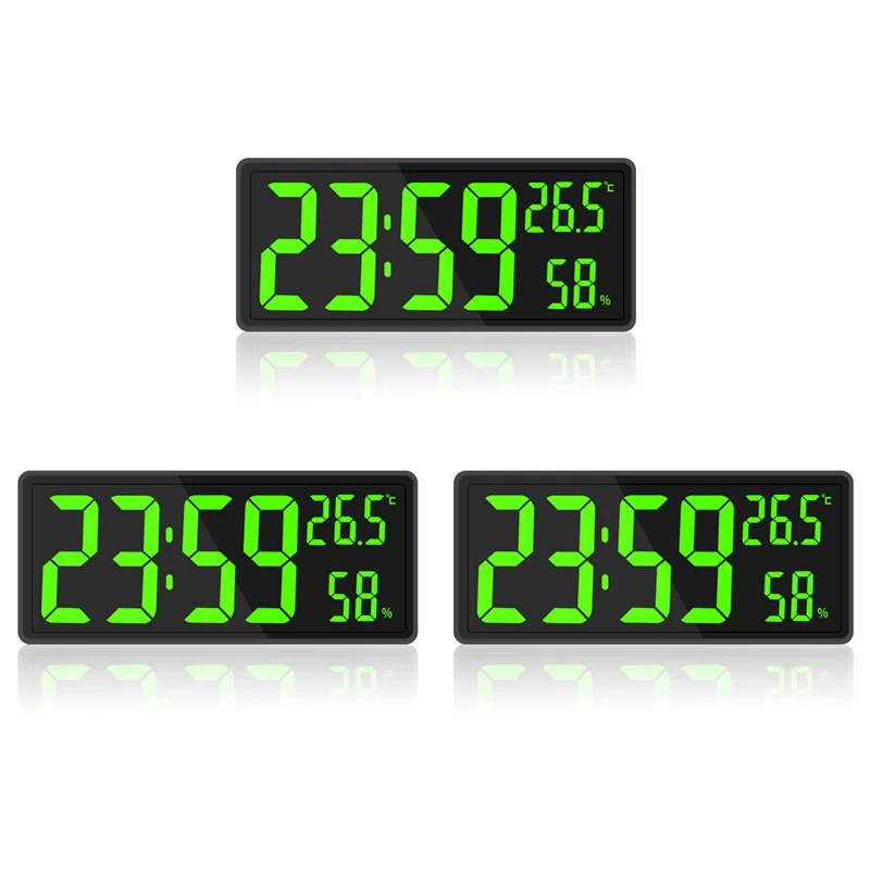 

3X LED Digital Wall Clock, Large Digits Display,Indoor Temperature&Humidity,For Farmhouse, Home,Classroom,Office Green