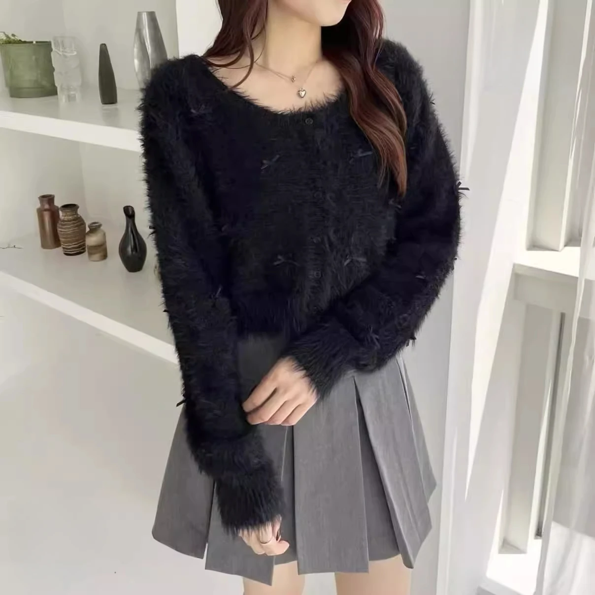 Japanese Style Grey Short Knitted Cardigan Jacket Women's Spring and Autumn New 2025 Furry Sweater Ladies Casual Sweet Tops