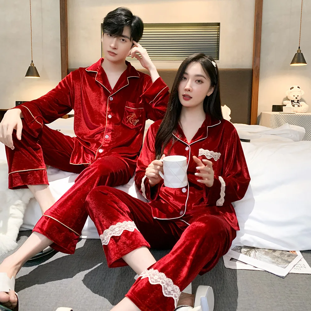 Burgundy Velour Lapel Long Sleeve Shirt Pants Homewear Sleepwear Autumn Couple Women Men Gold Velvet Pajamas Set