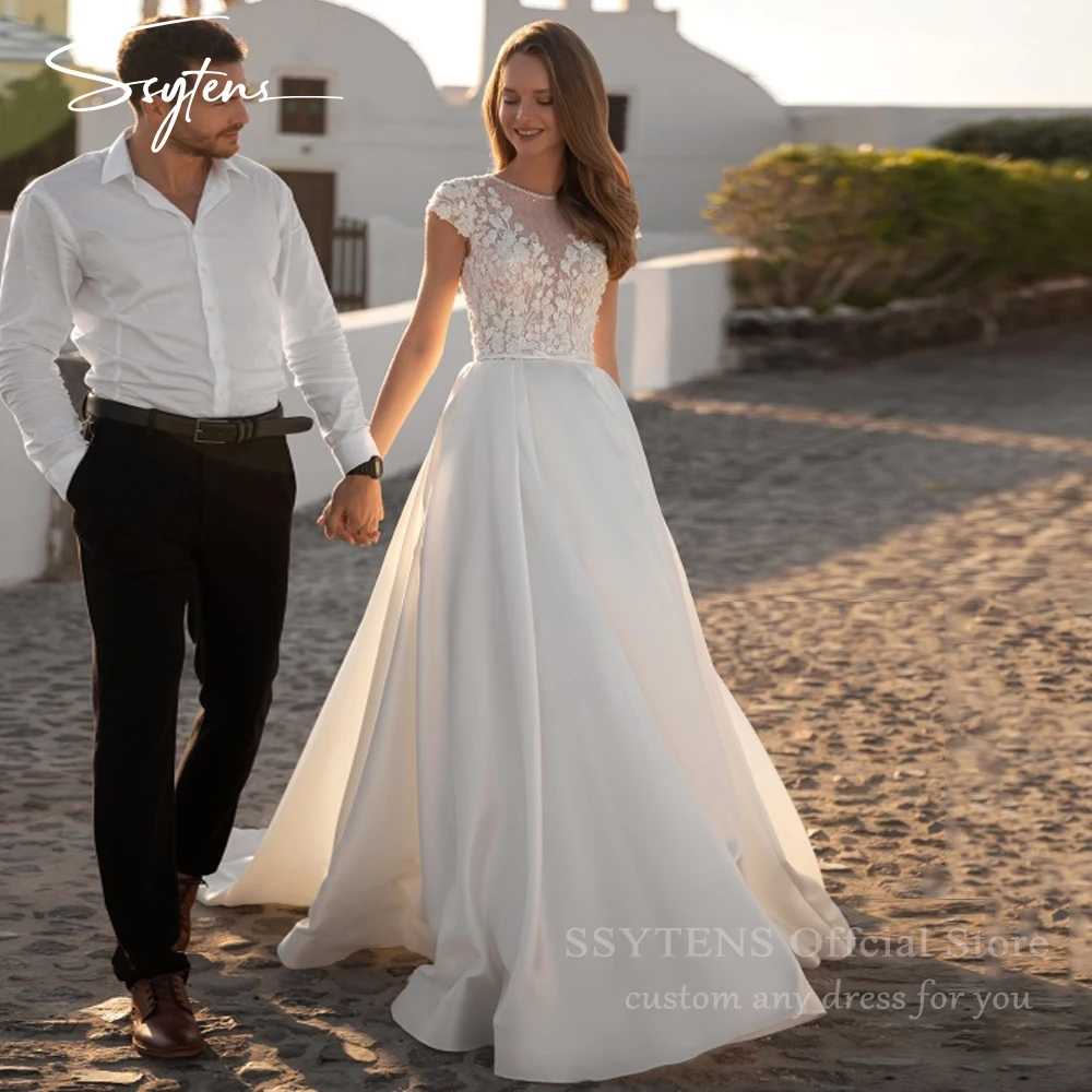 

SSYTENS Elegant Ivory Bridal Dresses Lace Applique Cap Sleeve Tulle Brides Dress Backless Customized Bohemian Wedding Dresses