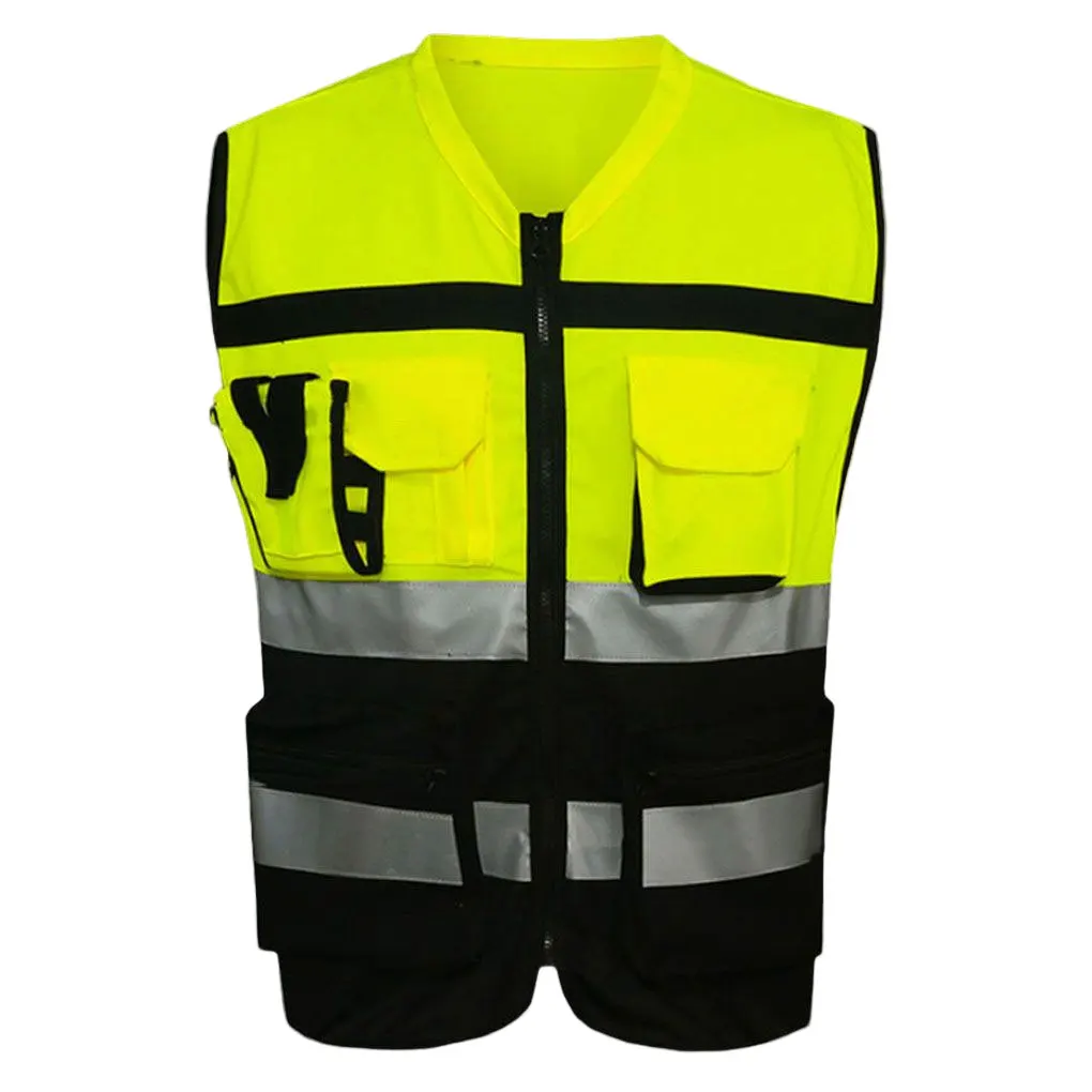 Reflective Safety Vest High Visibility with Zip Front Pockets Security Cycling Wear Jacket for Warehouse Large Size