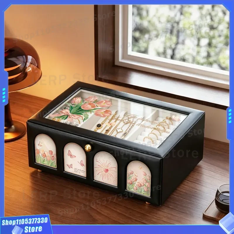 Vintage Leather Jewelry Box for Rings Earrings Necklace Premium Antique Gold Storage Case Delicate Organizer Gift Antique