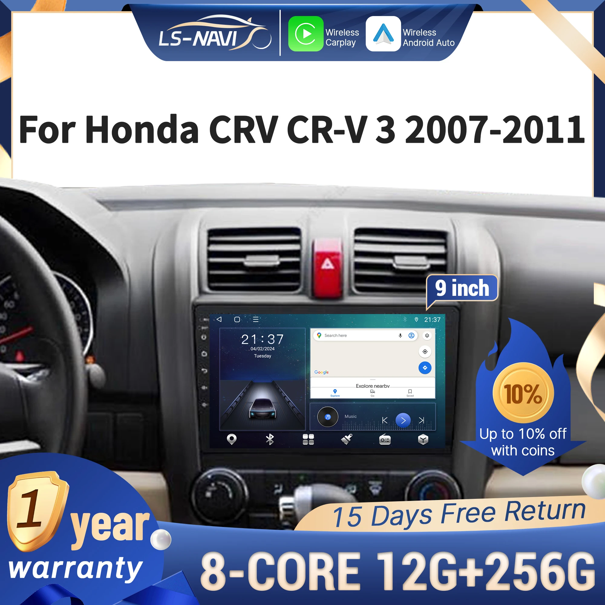 Android 14 для Honda CRV CR-V 3 2007-2011, автомобильное радио, мультимедиа, 4G, GPS-навигация, беспроводной CarPlay, Bluetooth, стерео, сенсорный экран