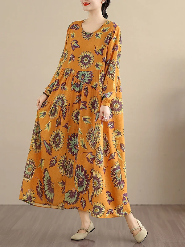 루즈하고 편안한 롱 슬리브 플로럴 프린트 여성용 봄 가을 린넨 코튼 A라인 드레스 넉넉한 핏 캐주얼웨어