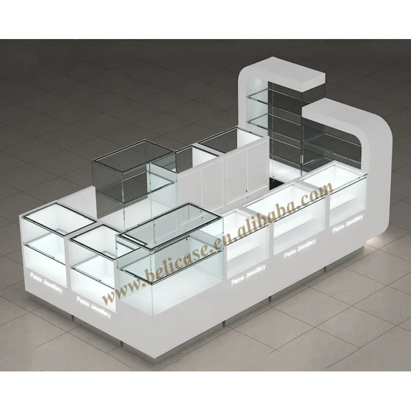 

Customized. high-end mall kiosk design Wooden Glass Jewelry Display Cabinet Luxury Jewelry Kiosk Mall