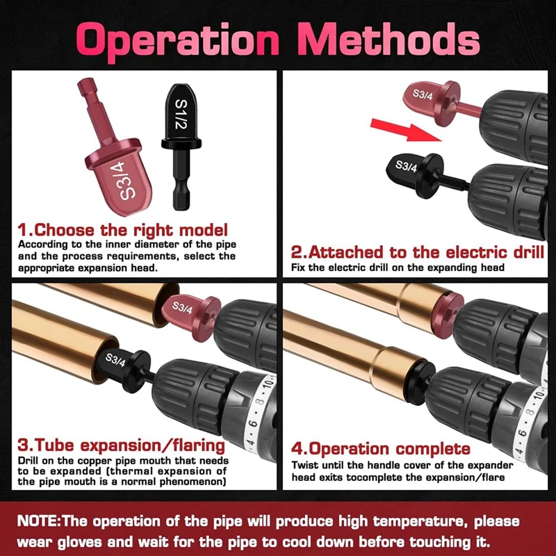 13 PCS Copper Flaring Tool Pipe Expander, Black & Wine Red Carbon Steel 1/4In,3/8In,1/2In,5/8In,3/4In,7/8In Boring Drill Bit
