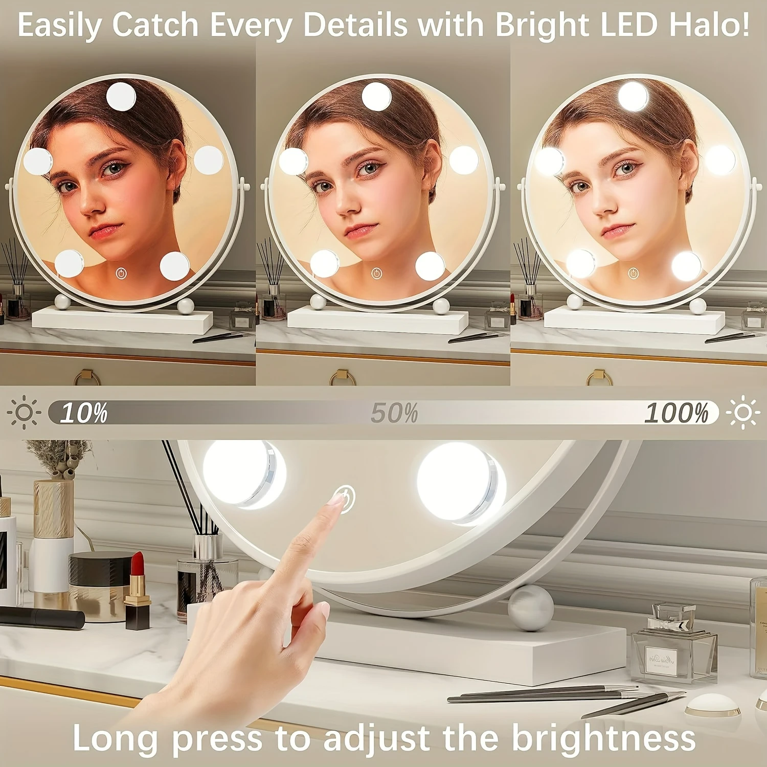 Stylish and Elegant 13-Inch Round LED Makeup Mirror with Dimmable Lighting, Perfect for Bedroom Tabletop, Featuring Smart Touch