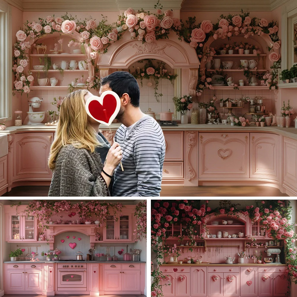 Valentine's Day Photography Backdrop Floral Romantic Kitchen Cafe Party Decor Artistic Portrait Photographic Background Props