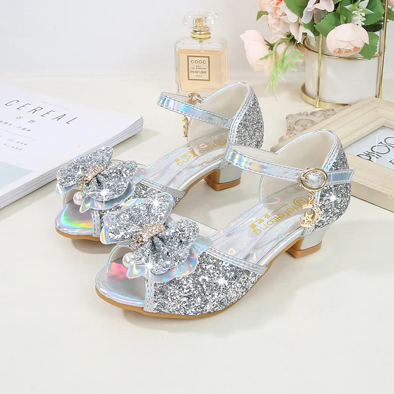 

Children High Heels Crystal Princess Sandals Kids Girls Wedding Dress Shoes Sequin Rhinestones Bowtie Students Performance Shoes