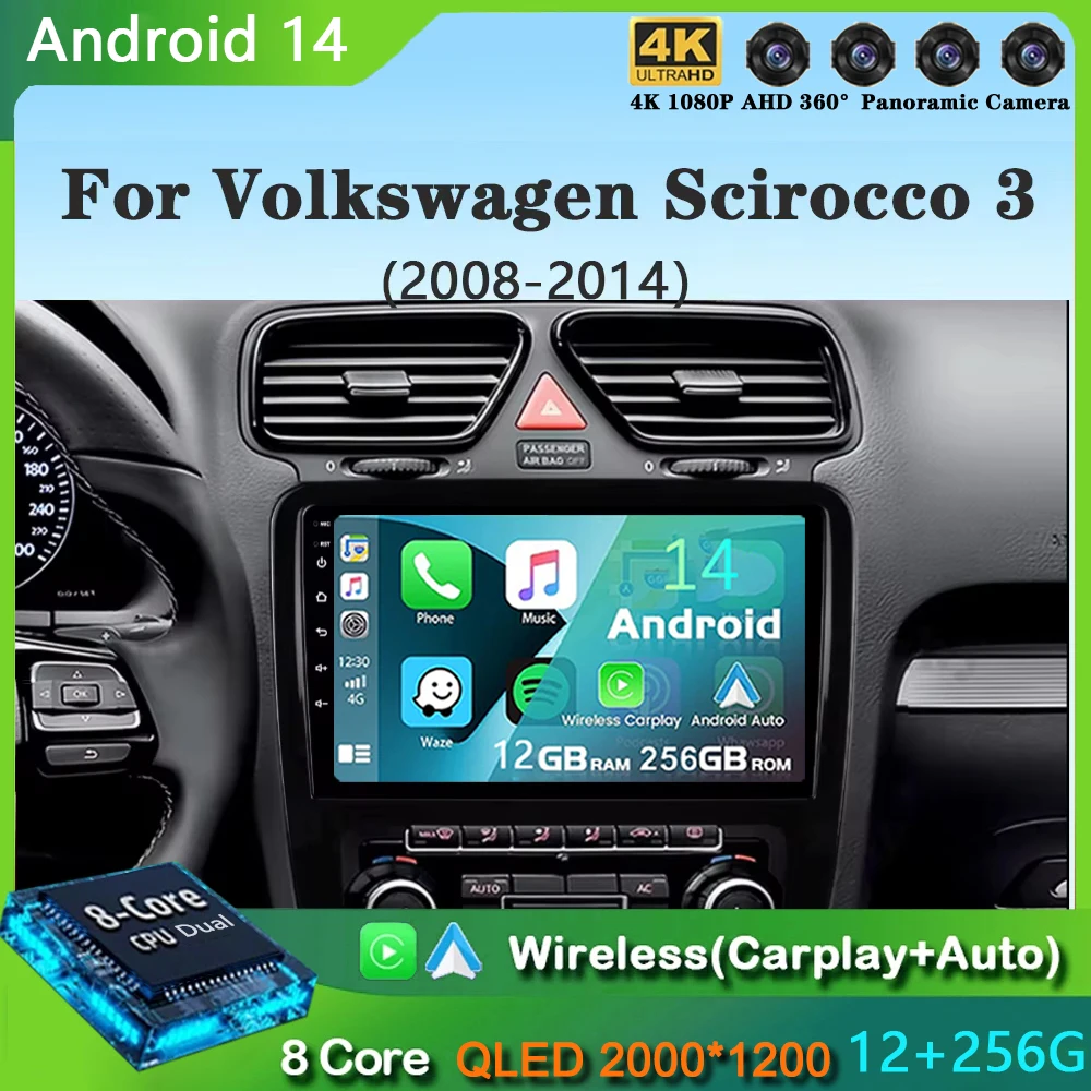 Android 14 For VW Volkswagen Scirocco 3 III Mk3 2008-2014 9 inch 8 Core WIFI Bluetooth Auto Navigation System Radio Multimedia