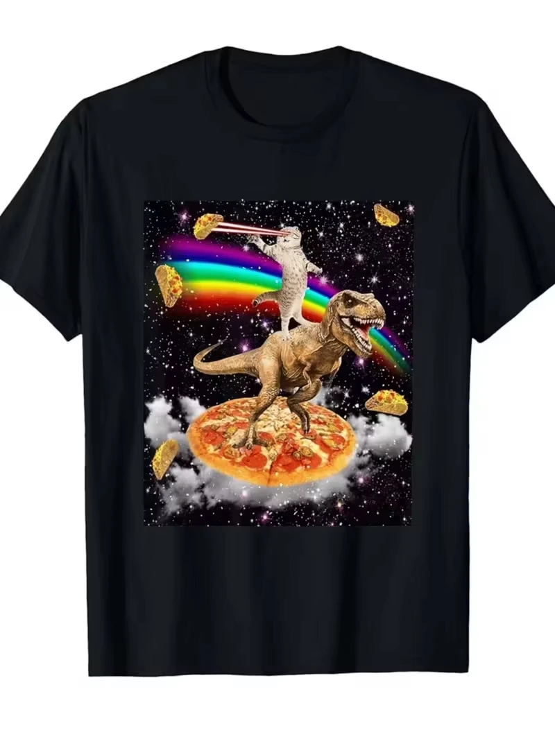 Casual Short-Sleeve T-Shirt with Cat Riding Dinosaur Trendy Print - Summer Round Neck Tee , Regular Fit for Casual Wear,Leisure