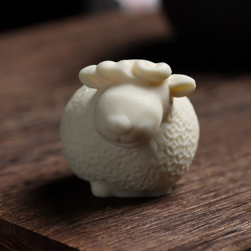 Natural Tagua Nut Carved Zodiac Sheep Statue Cute Mini Tea Pet Hand Play Ornament Office Table Collectible Craft Gift