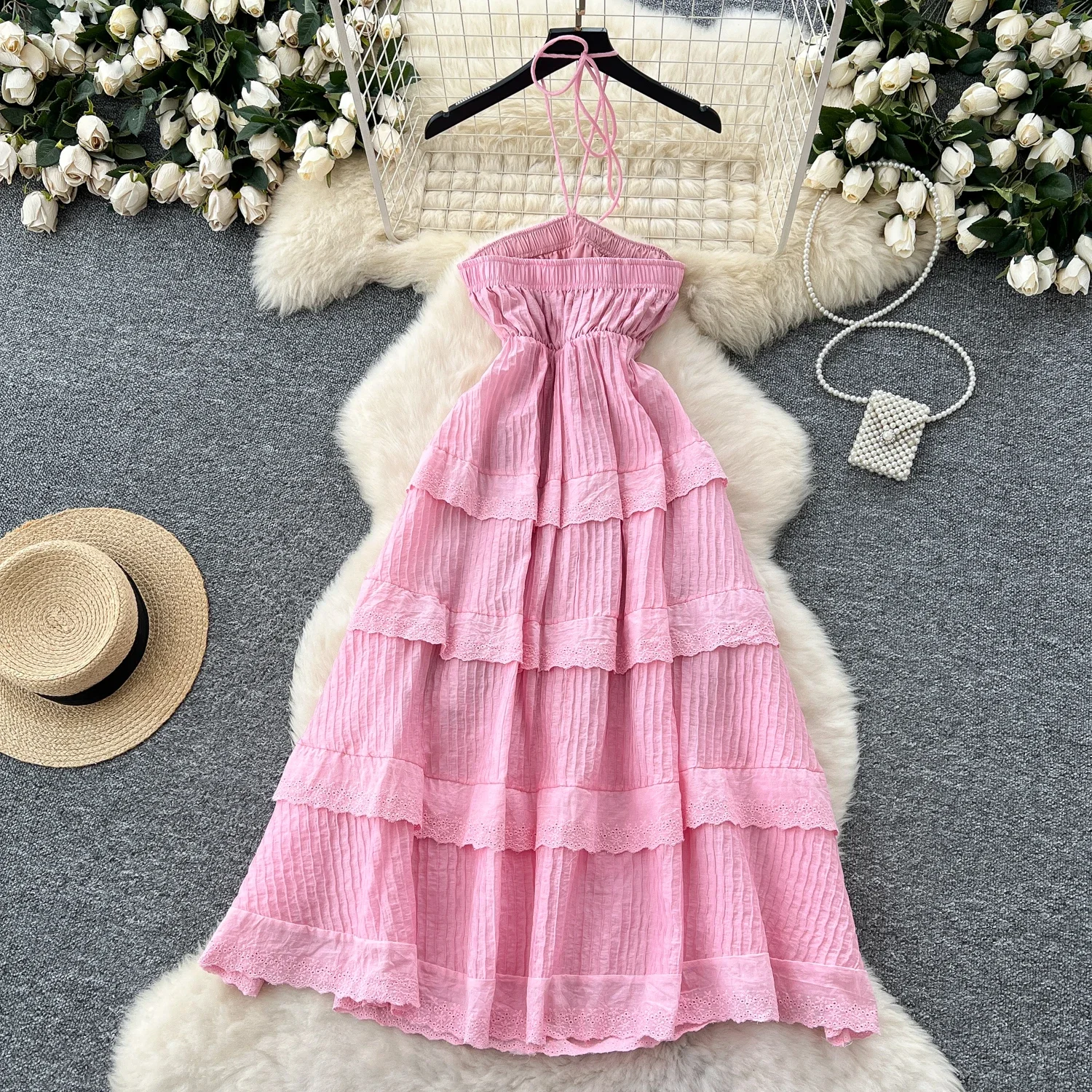 Hotsweet cut out slim ruffle Halter Chic pleated Spliced Chiffon Sexy Slim Fairy Slip Dresses fairycore Women Clothing