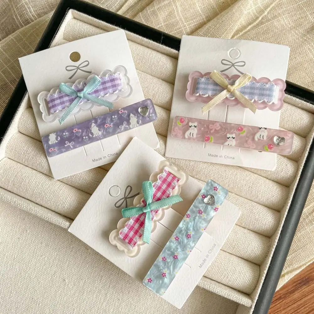 2 шт./компл., заколка для волос в клетку с бантом в корейском стиле, заколки для волос с сердечком, заколка для волос с мультяшным котом, розовая заколка в виде утконоса, корейская заколка для волос, летняя