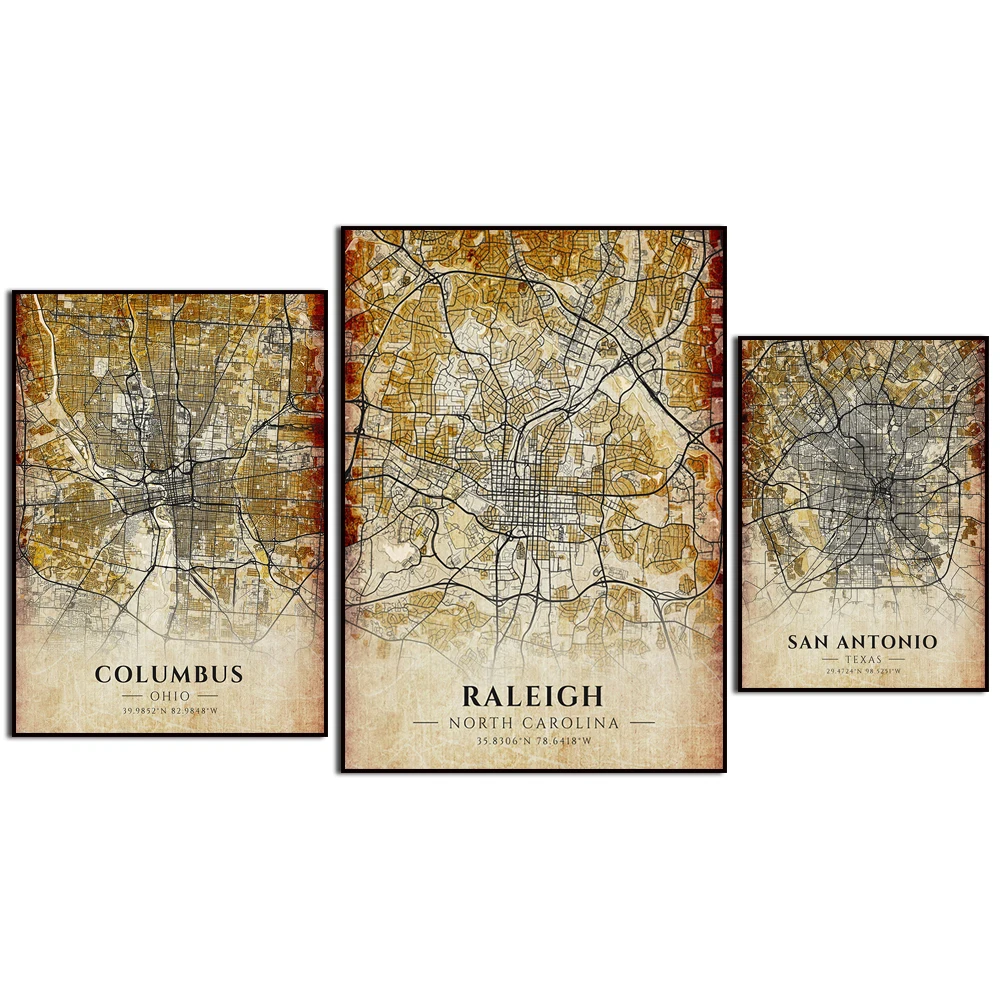 Dallas San Antonio Raleigh Cleveland Charlotte El Paso Corpus Christi Colombo. Mapa da cidade. Pintura em tela de arte para decoração de parede de casa