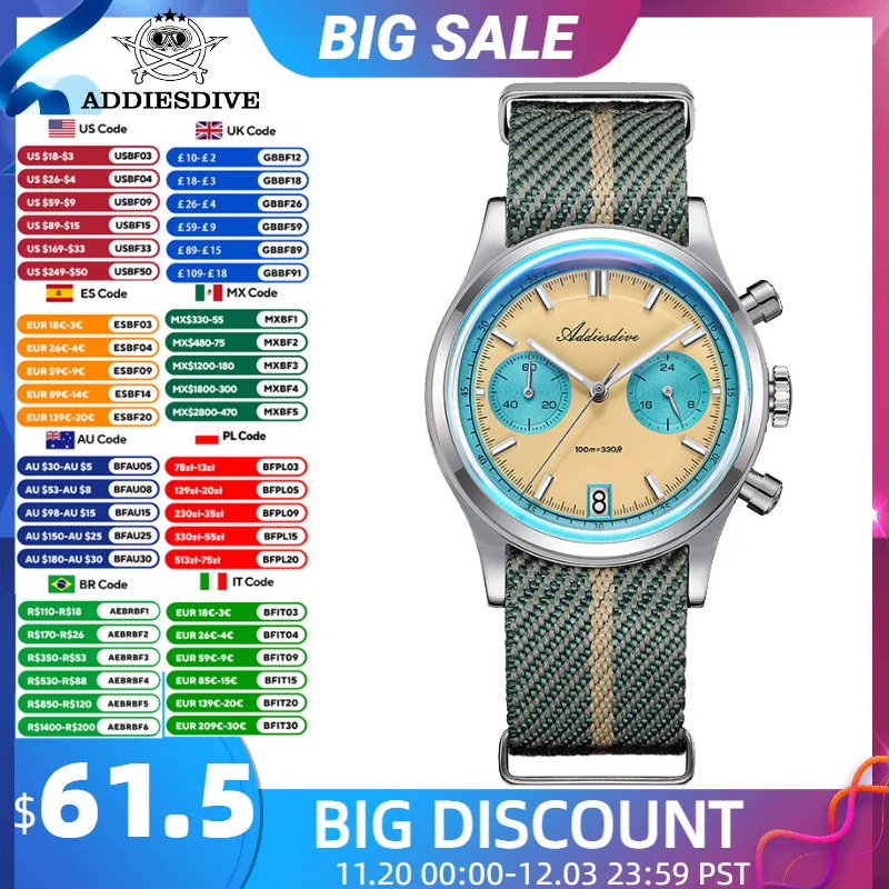 Addiesdive ساعة كرونوغراف جديدة مضيئة 100 متر مقاوم للماء التقويم الرياضة السباحة اليابان VK64 كوارتز 38 مللي متر ساعة اليد الرجالية الفاخرة