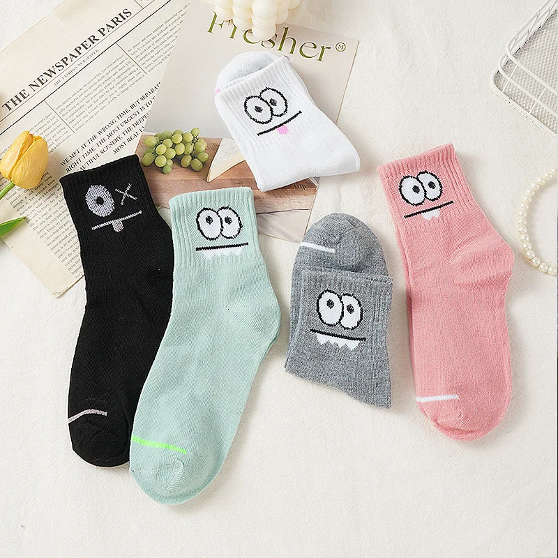 11 pairs random fun cute quirky mid-calf socks, soft casual mid-calf socks, multi-color expression print daily socks