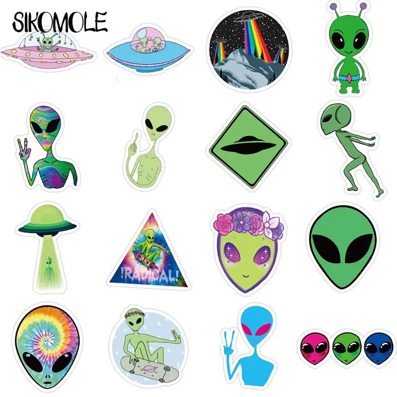 Espaço Sideral Adesivos para Crianças, Alienígenas, UFO, Astronauta, Etiqueta Verde, Brinquedo DIY, Laptop, Carro, Motorcyle, Caderno, Graffiti, F5, 10, 30, 50Pcs