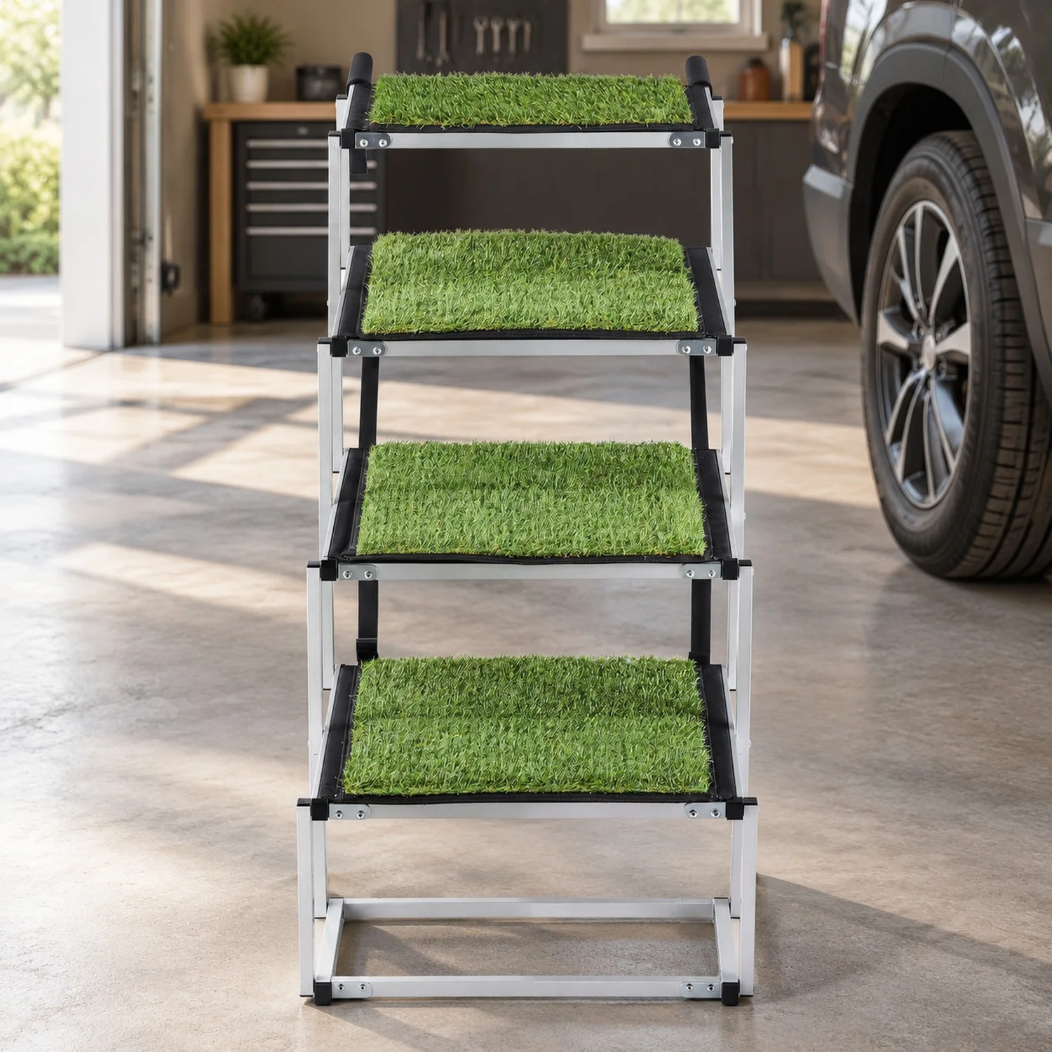 Dog Stairs for Car, 4 Steps Extra Wide Foldable Ramp Large with Non-Slip Surface, Portable Lightweight Pet Ladder, SUV, Truck