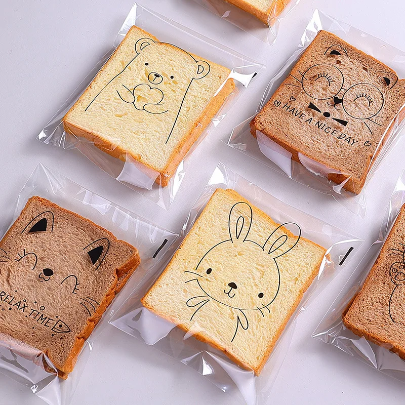 100Pcs Cute Cartoon Bear and Cat Pattern Transparent Self-Adhesive Packaging Bags Bread Baked Sliced Toast Cookies Baking Bag