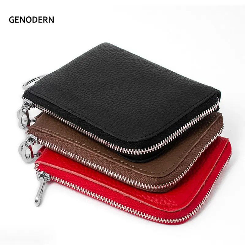 

GENODERN First Layer Cowhide Zipper Coin Purse Bank Card Coin Holders with Key Ring Mini Wallets