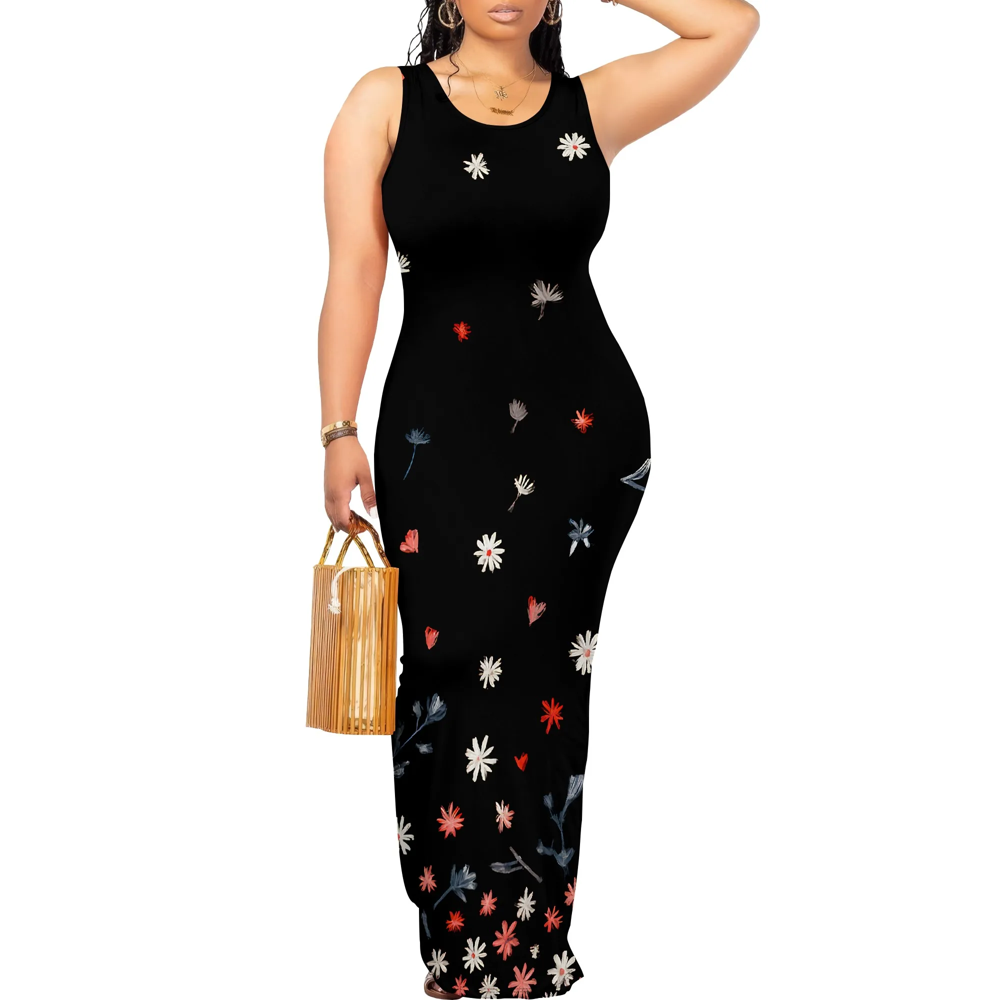 Abito lungo aderente sexy da donna Abito lungo con canotta a costine Abiti lunghi eleganti con scollo rotondo Abito estivo avvolgente senza maniche casual