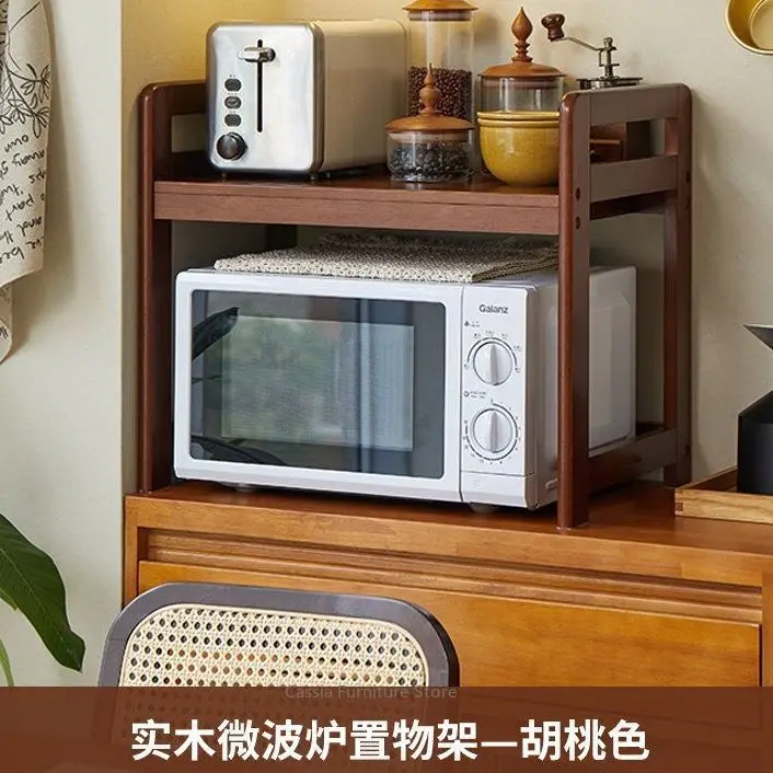 Solid Wood 2-Tier Kitchen Countertop Storage Rack for Microwave Oven, Space-Saving Organizer Shelf for Home