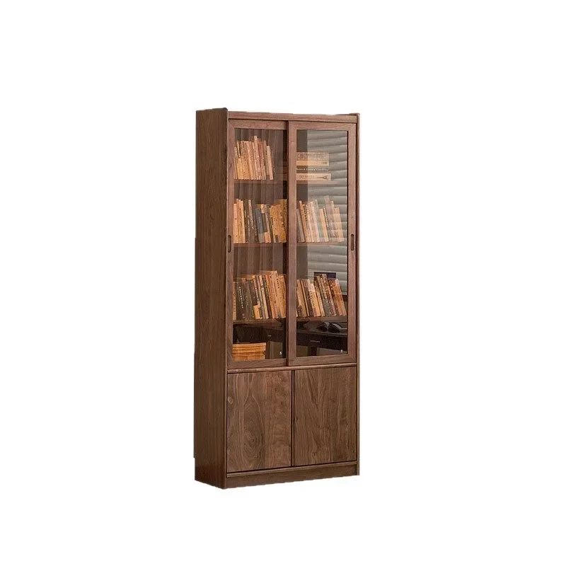 

North American black walnut bookcase, simple solid wood, wall-to-wall floor cabinet, small apartment storage cabinet