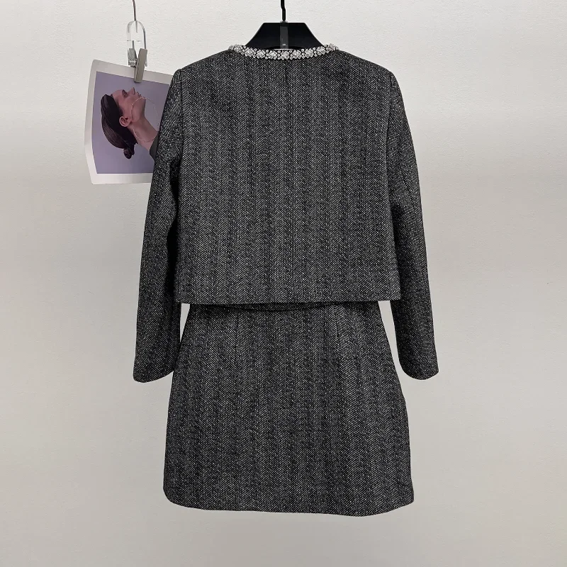 High Quality Small Fragrance Wool Blend Autumn Winter Two-piece Set Women O Neck Diamond Jacket + Mini Skirt Tweed Two-piece Set