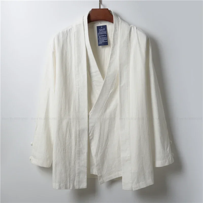 Chinese Style Men Linen Hanfu Cardigan Tops Zea Tea Kung Fu Shirts Japanese Kimono Jackets Coats Robe Oriental Fashion Clothing