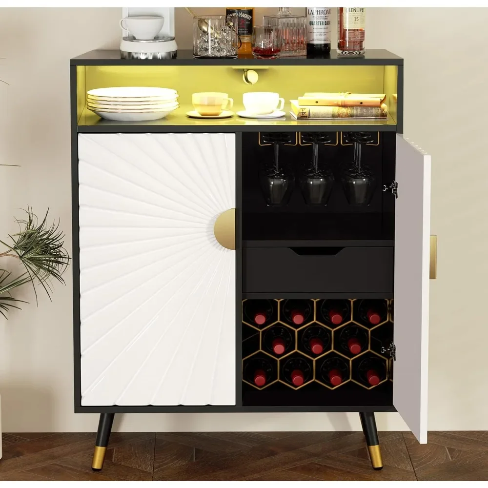 

Wine Bar Cabinet with Power Outlet & LED Light, Home Coffee Cabinet with Wine Rack & Glasse Holder, Modern Liquor Cabinet