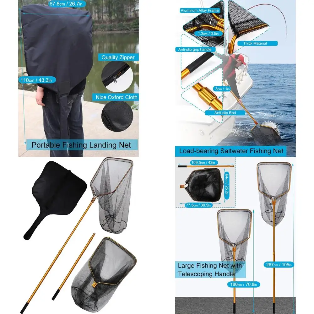 

Телескопическая ручка для рыболовной сети для морской рыбалки с каяка, выдвижная 70,8-105 дюймов, глубина 37 дюймов, с сумкой для переноски