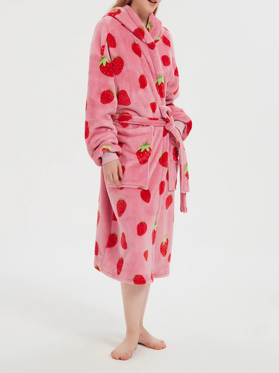 Women s Thick Flannel Bathrobe Strawberry Print Long Sleeve Fuzzy Plush Hood Bath Robe with Belt