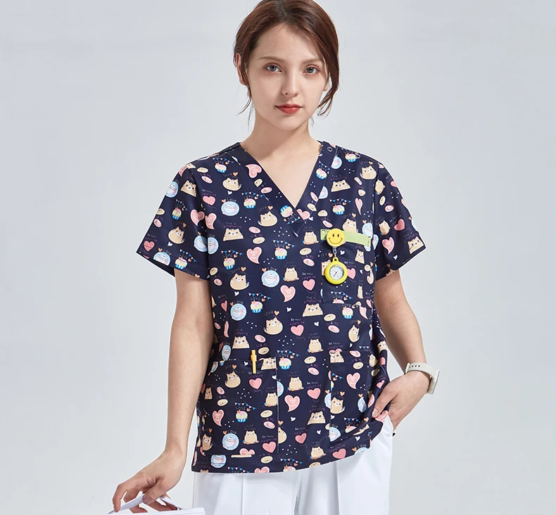 Surgical Shirt Women Cartoon Print Tops Summer Anti static Dentistry Shirt