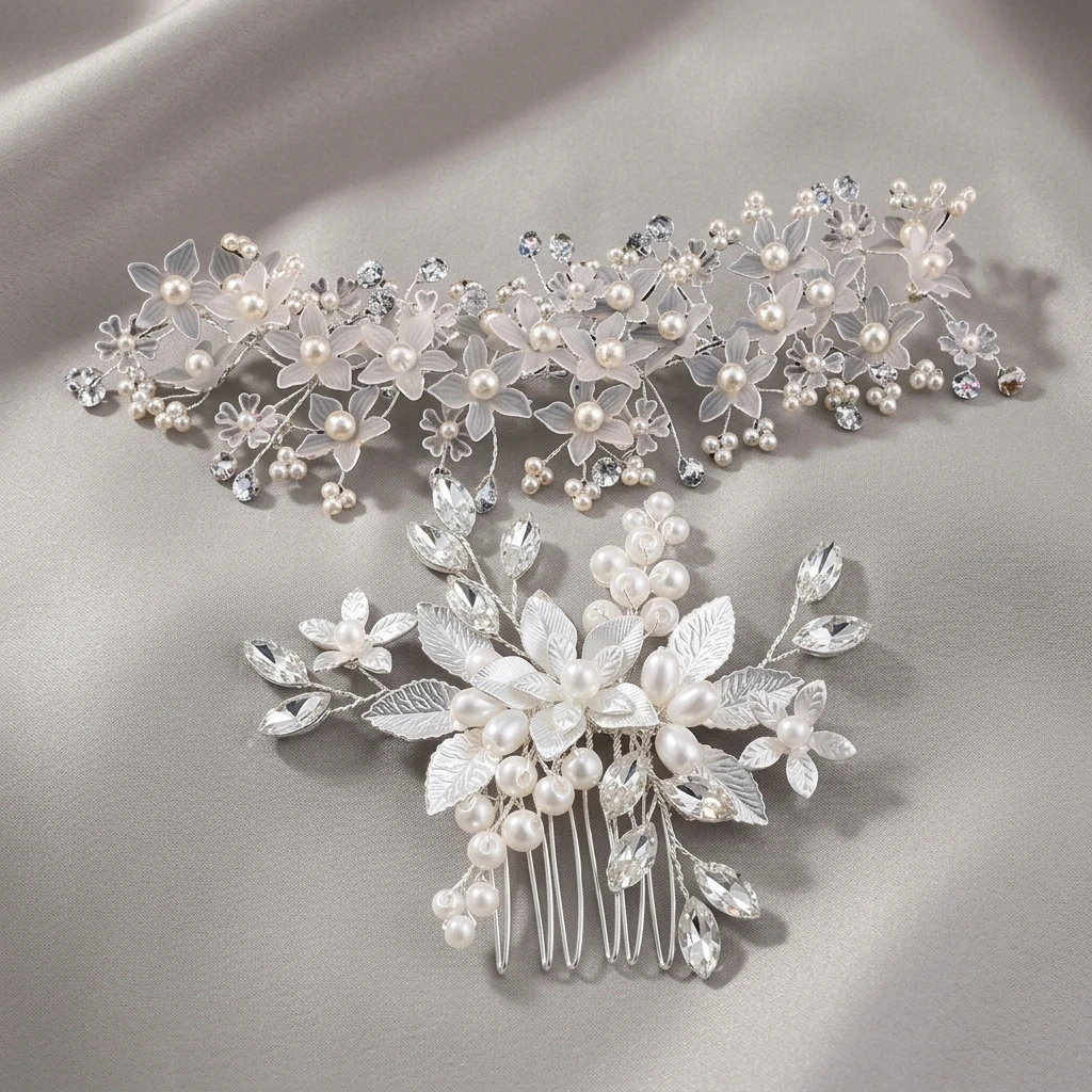 Hair Comb Set Faux-Pearl Flower Headpiece Anti-Slip Design for Bridal Wedding Ceremony Party Elegant Hair Jewelry Accessories