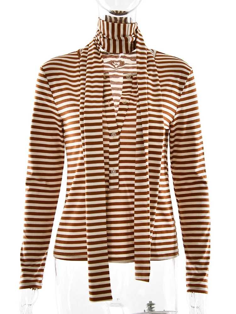 Oniflyme موضة سليم كم طويل تيز المرأة الخريف عادية مخطط الجولة الرقبة تي شيرت جديد خمر الشارع الشهير مثير زر القمم