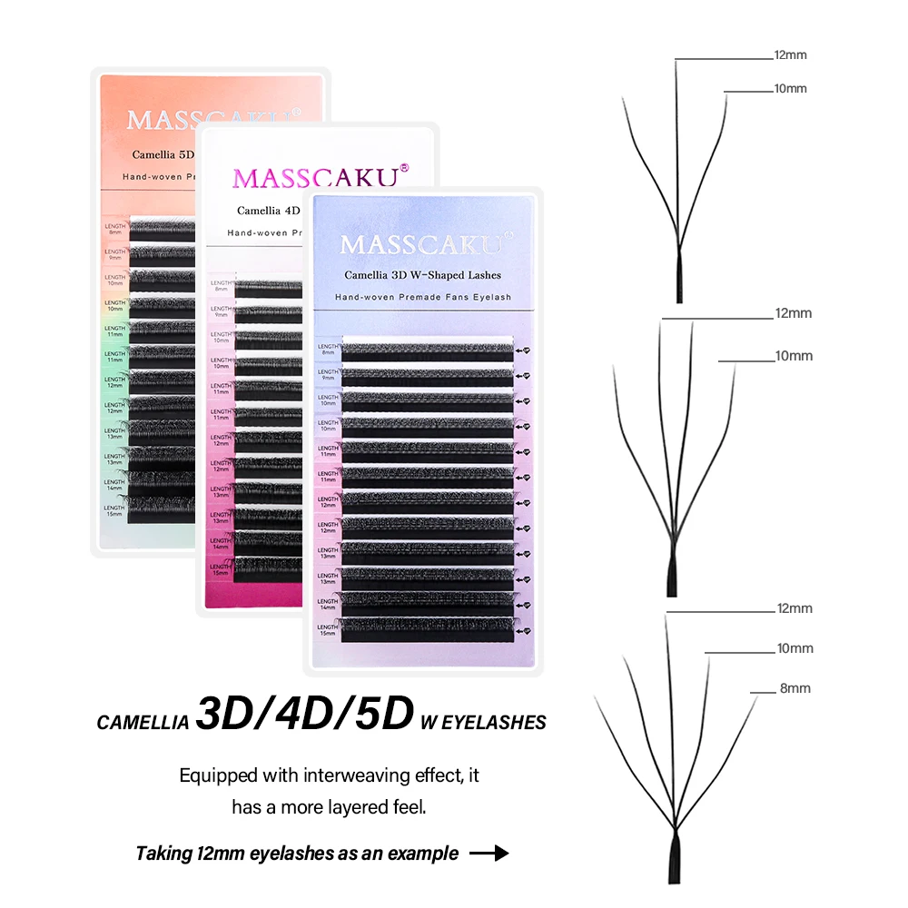 MASSCAKU Different Lengths Camellia 4D W Shaped Eyelash Extension 8-15mm Mix W Style Lashes Premium Mink Easy Fan Eyelashes