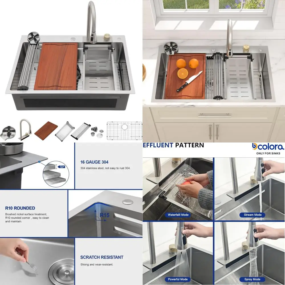 

Dcolora 33x22 Stainless Steel Waterfall Sink with Faucet, 16 Gauge, Drop-In Single Bowl Kitchen Sink