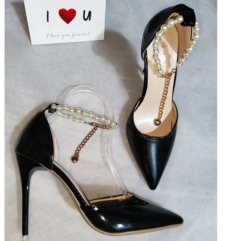 12cm Super High Stiletto Heels Pumps Women Shoes Pearl Chain Thong Ankle Strap Pointed Toe Big Size Patent Leather Office Shoes