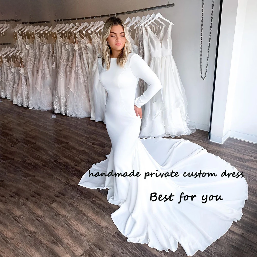 

White Satin Mermaid Wedding Dresses Long Sleeve O Neck Bride Dress with Train Backless Beach Simple Civil Wedding Gowns