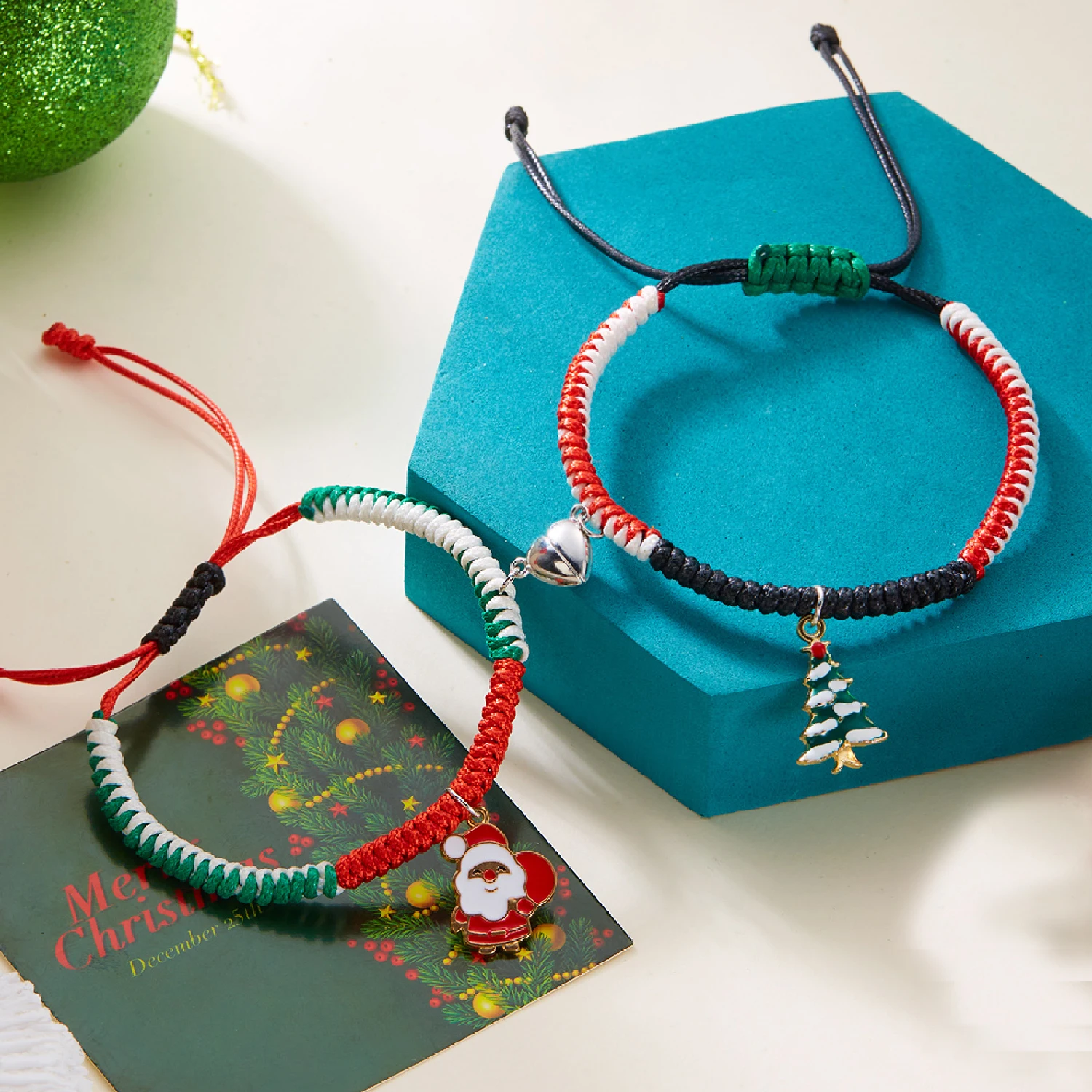 

2pcs Santa Claus Snowman Christmas Tree Couples Heart Magnetic Bracelet For Women Men Christmas Bracelet Party Jewelry Set