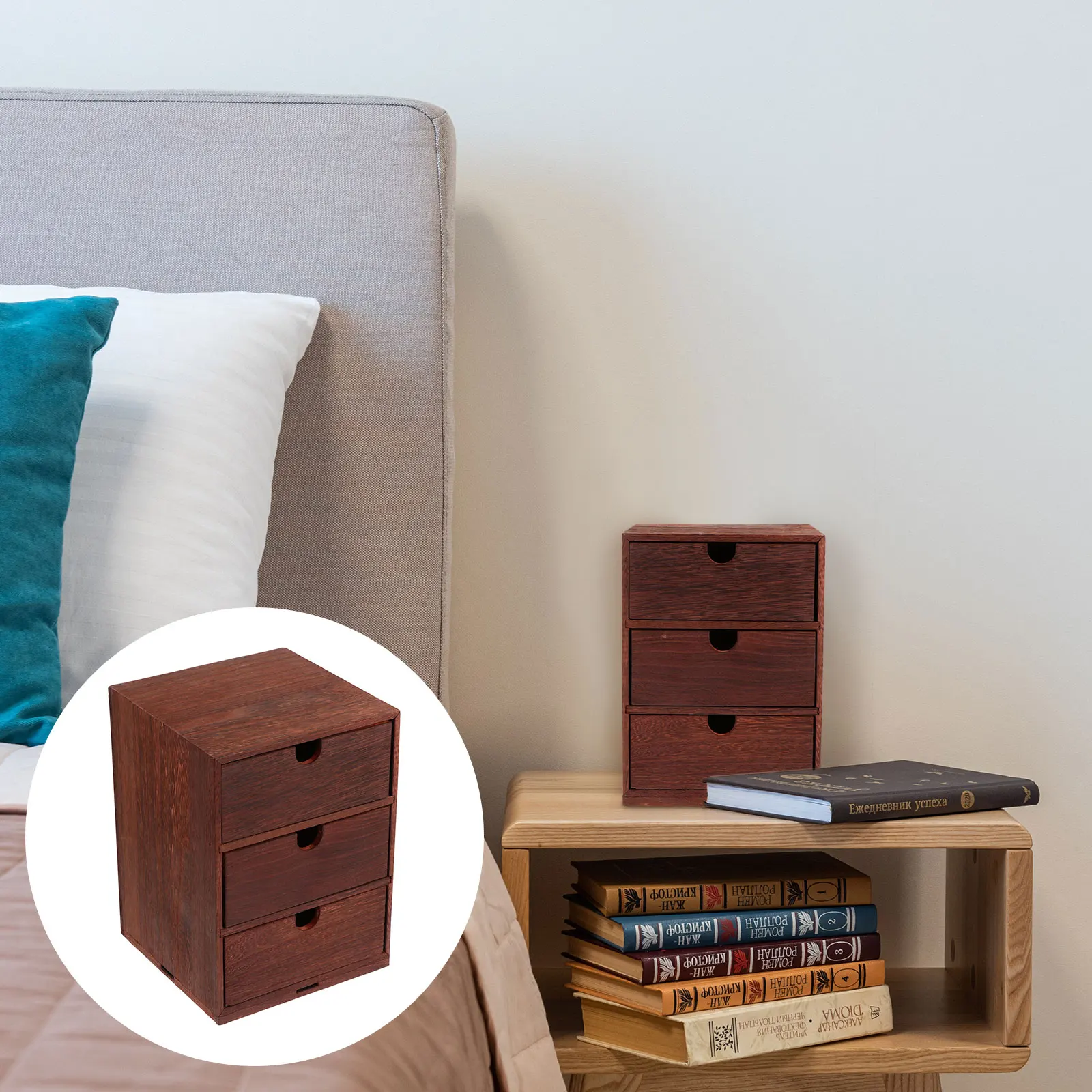 

1pc Three Layer Wooden Drawer Storage Box Vintage Distressed Desktop Organizer For Office Home Decoration Stationery