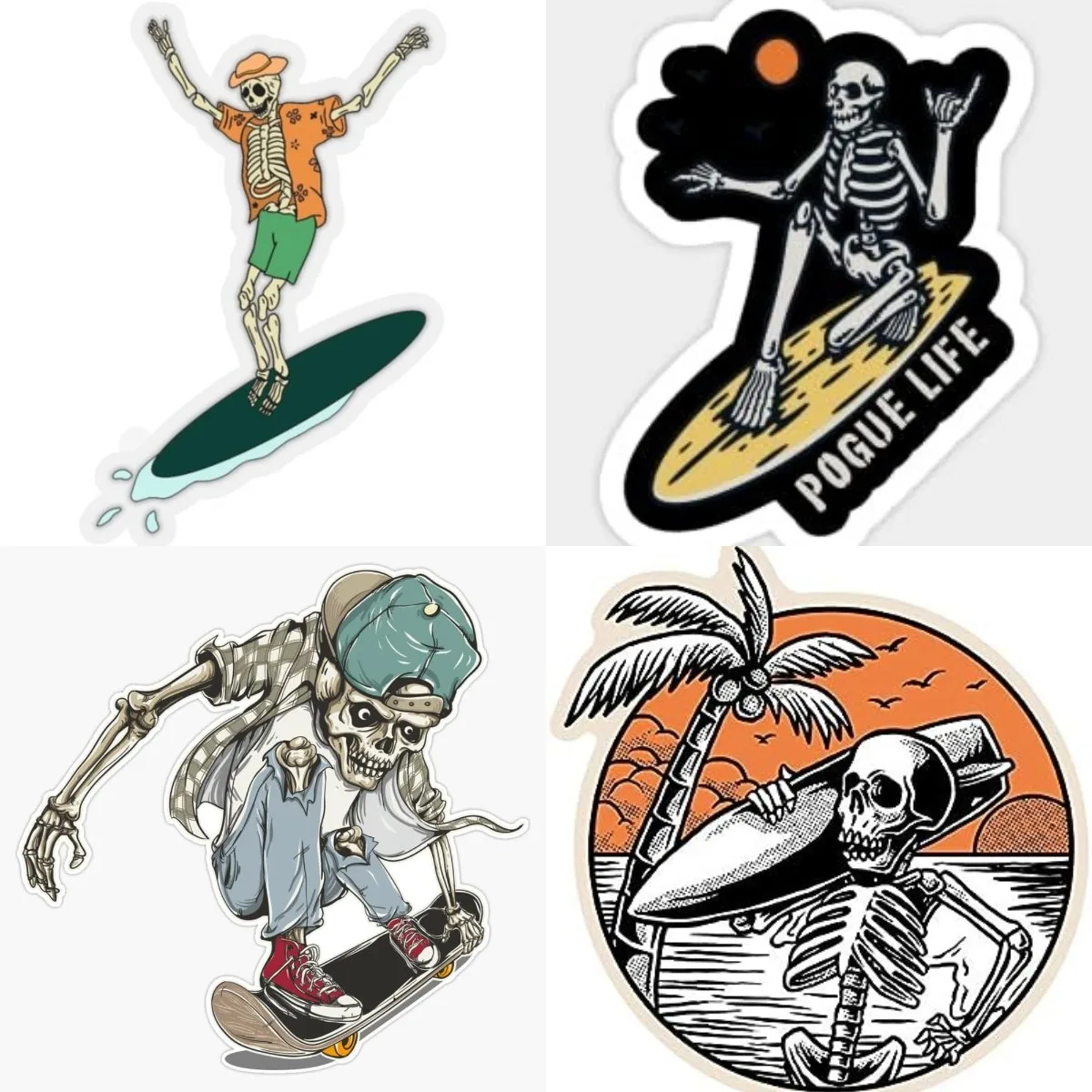 Surfin' Skelly Sticker pour ordinateur portable, décalcomanie murale, vagues, océan, nautique, surfeur, étanche, esthétique, découpé, décor mural