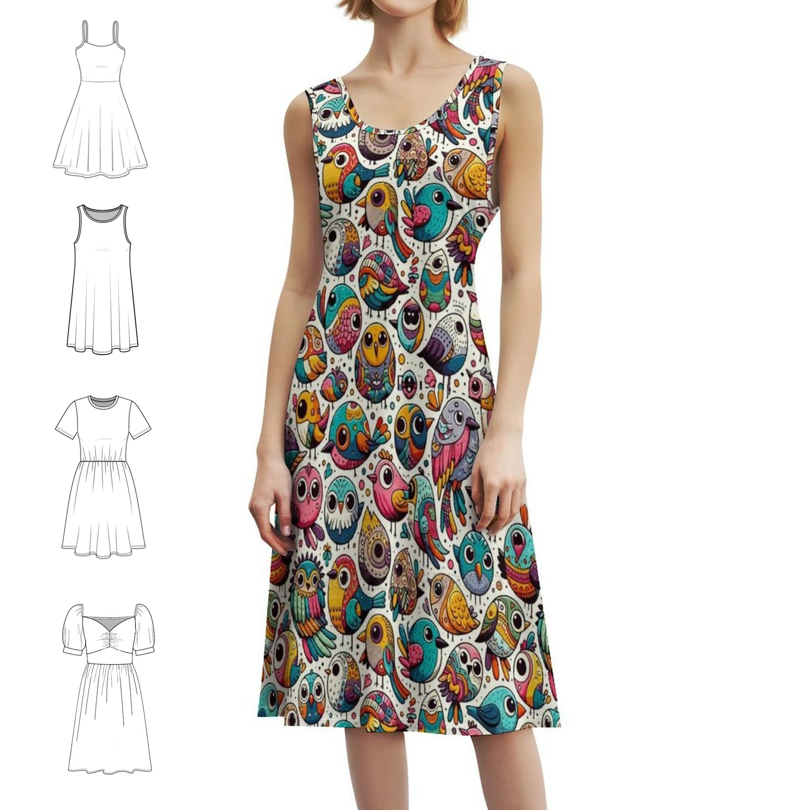 

Everybirdy Avian Rhapsody : Whimsical Birds Cute Korean Style Casual Dress For Women Simple Daily Office Lady Dresses Birds