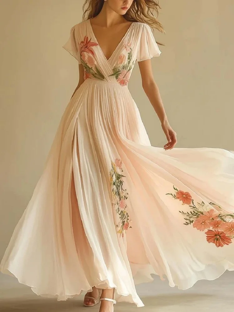 

Vintage Pattern Printed Long Sleeve Dress Women New Summer Sexy V Neck Pleated Long Robe Bohemian Style Lapel Spliced Maxi Dress