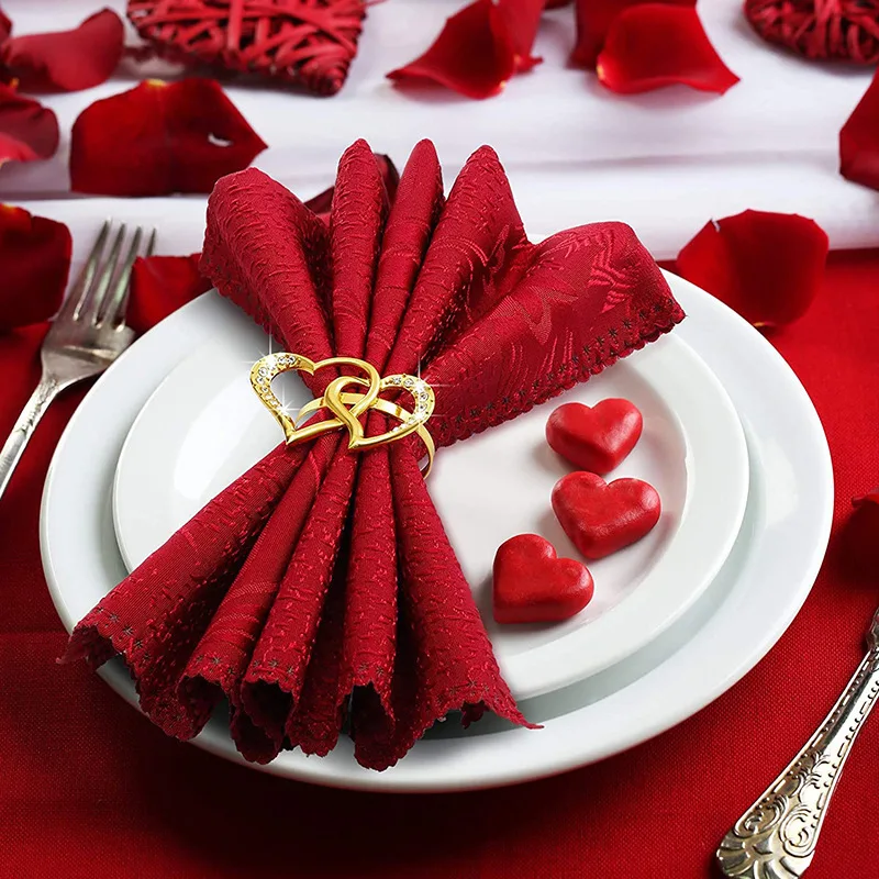 Valentine Heart Napkin Rings, Gold Silver Interlocking Hollow Heart Napkin Holders for Table Setting, Wedding Party Dinner Decor