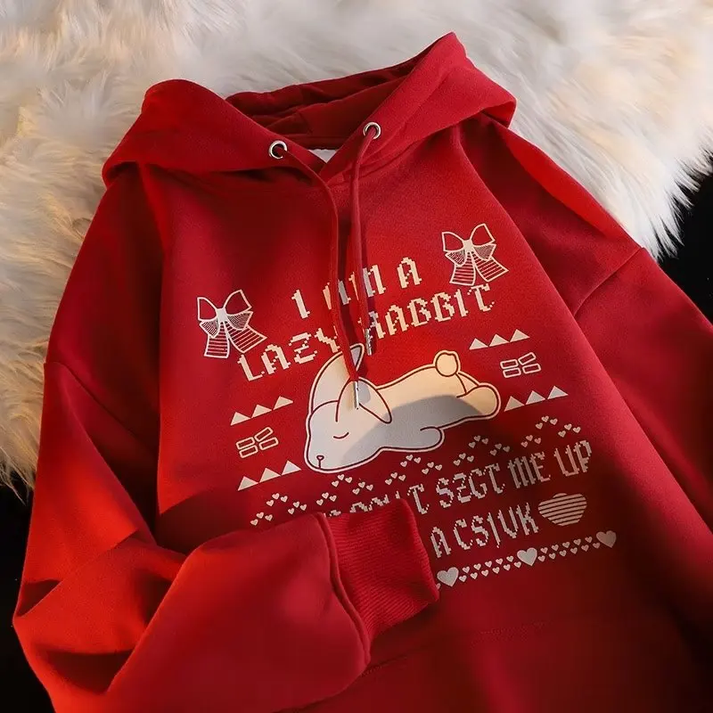 Big red New Year hooded sweatshirt men's winter ins tide cartoon rabbit year coat with pile thick hoodie